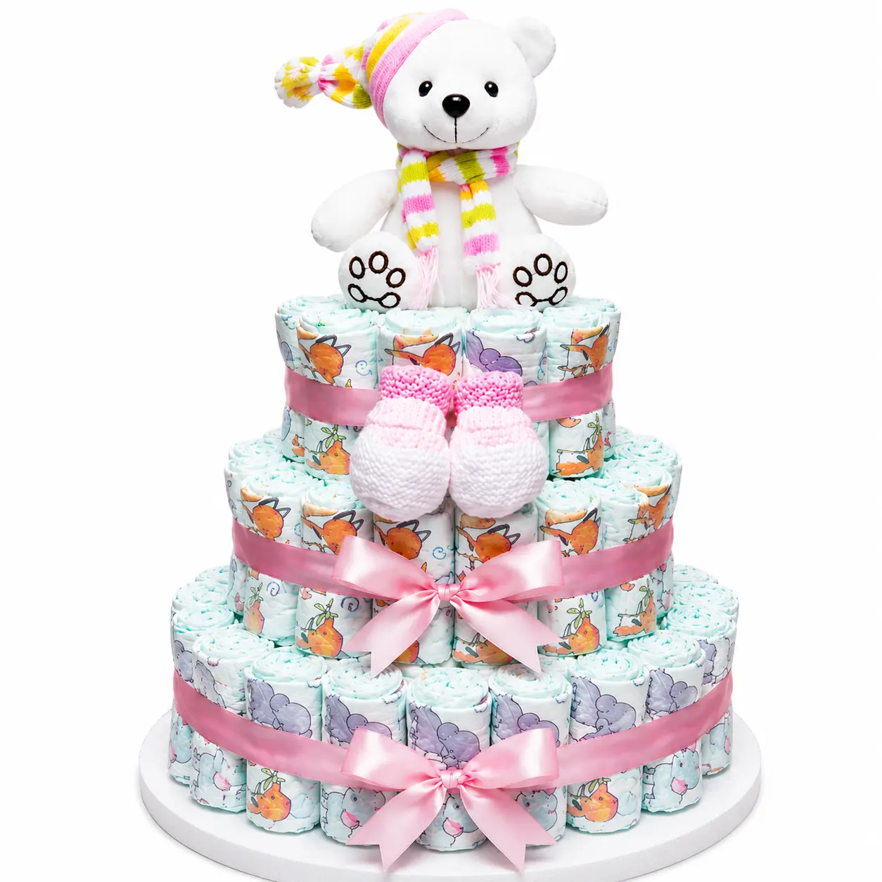 Torta de pañales para niña ideal para baby shower o regalo para clínicas y hospitales elegante y útil con delivery en Lima